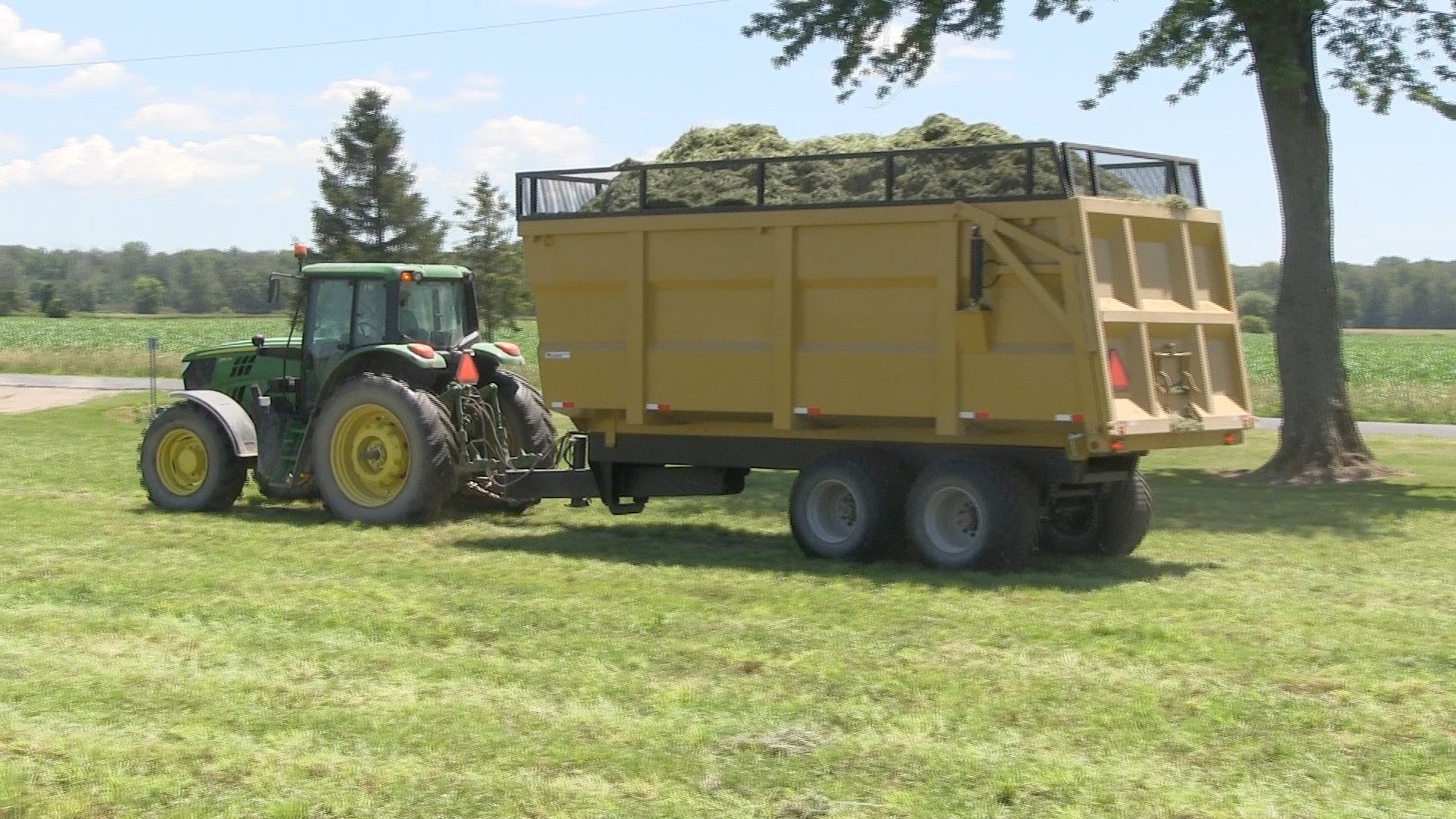 A side shot of the 20 ton dumper trailer getting hay silage loaded into it